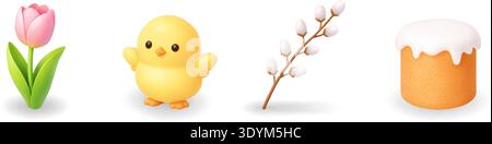 Tulip, chick, willow branch and Easter cake. 3D spring vector illustration Stock Vector