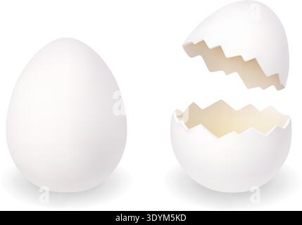 White egg and cracked egg shell halves. Minimal 3D vector Easter illustration Stock Vector