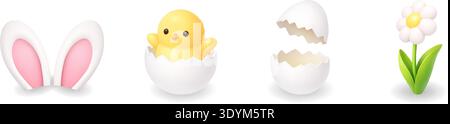 Bunny ears, hatching chick, cracked egg and daisy. Cute 3D Easter vector illustration set Stock Vector