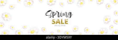 Spring Sale banner with white daisy flowers. 3D realistic floral seasonal promotion design Stock Vector