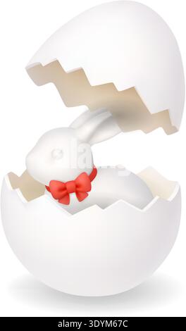 White bunny with red bow emerging from cracked egg shell. 3D Easter rabbit illustration on white background Stock Vector