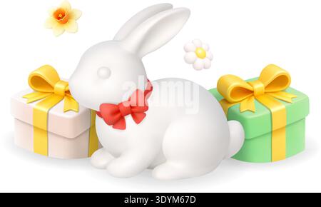 Easter bunny with gift boxes and flowers. 3D holiday illustration Stock Vector