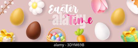 Easter Time holiday banner with basket of colorful eggs, flowers and gifts. 3D spring background Stock Vector