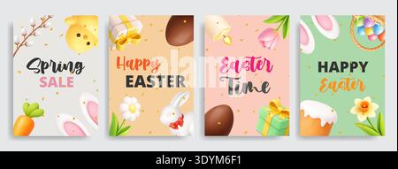 Set of Easter sale posters with bunny, eggs, flowers and gifts. Vertical 3D spring templates for holiday promotion Stock Vector