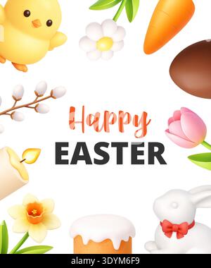 Happy Easter vertical poster with flowers, rabbit and festive elements. Minimal 3D spring greeting template Stock Vector