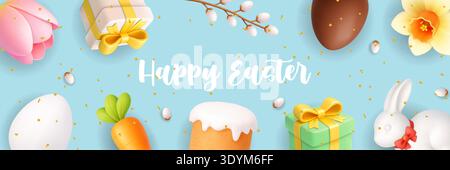 Happy Easter horizontal banner with bunny, eggs, gift box and spring flowers. Colorful 3D holiday background with confetti Stock Vector