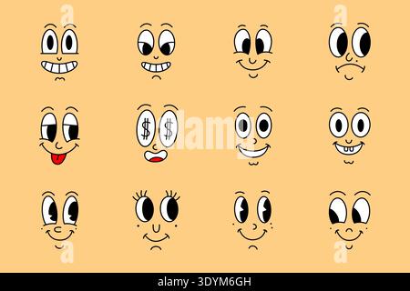 Colorful cartoon faces with funny and surprised expressions. Vector emoji characters on orange background for comics or sticker sets. Stock Vector