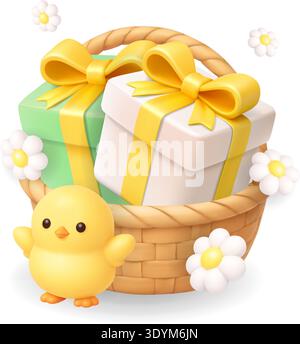 Easter basket with gift boxes and cute yellow chick. 3D holiday illustration Stock Vector