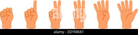Cartoon hand gestures counting from 0 to 5. Colorful vector icons for preschool math and number learning materials Stock Vector