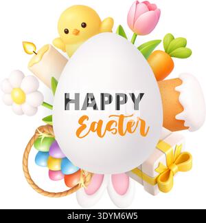 Happy Easter greeting card with chick, bunny ears, basket and spring flowers. 3D holiday illustration Stock Vector