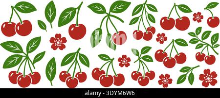 Cherry fruit collection with leaves and flowers. Flat vector red cherries set for summer, food design, natural themes and decorative projects Stock Vector