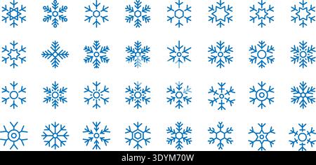 Collection of 32 unique snowflake icons in minimal blue style. Winter holiday vector illustration set for Christmas and seasonal design Stock Vector