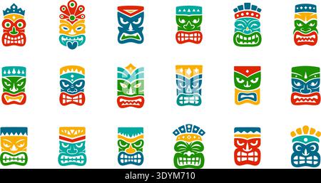 Tribal tiki masks. Polynesian style vector design for tattoos, festival art, tropical decor and cultural illustrations Stock Vector