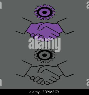 Outline illustration of two people shaking hands, symbolizing agreement, partnership, or greeting. Stock Vector