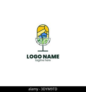 Minimalist microphone and farm landscape, agriculture podcast logo icon vector on white background Stock Vector