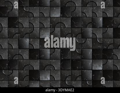 Decorative surface composed of square tiles made of black marble arranged in a repeating grid. The design features curved carved segments that form a Stock Photo
