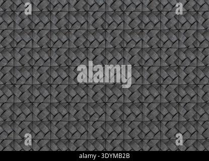 Abstract architectural surface composed of repeating concrete tiles arranged in a precise square grid. Each tile features intersecting relief elements Stock Photo