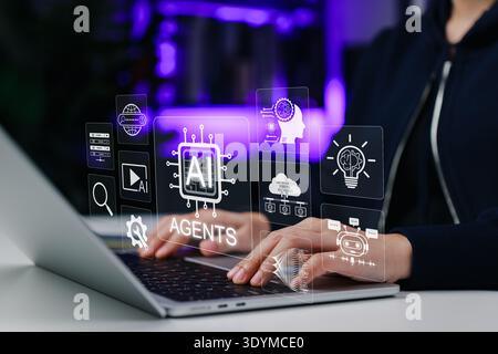 Artificial intelligence automation concept showing AI agents interface on laptop with neural network icons, chatbot system, and data processing tools Stock Photo