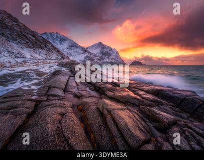Dramatic winter seascape on the Lofoten Islands in Norway Stock Photo