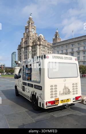 Liverpool, united kingdom May, 16, 2023 Liverpool Ice Cream Van in Front of Royal Liver Building Clock Tower on Waterfront Stock Photo