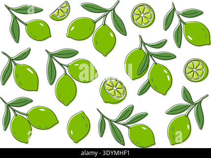 Green limes set. Vibrant citrus fruits, slices, and leaves in stylized flat illustration on white background Stock Vector