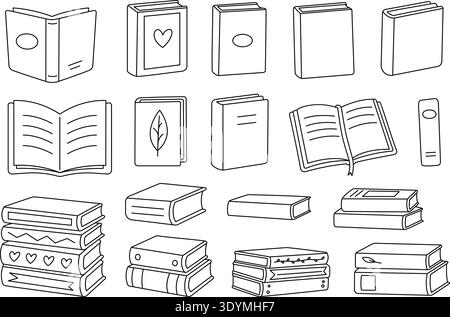 Outline set of books illustration. Open and closed books in clean black linear style for educational design Stock Vector