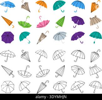 Umbrella vector pack with colorful and outline versions. Minimal modern icons for rain, autumn, spring and seasonal weather concepts Stock Vector