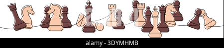 Continuous linear design of chess pieces arranged in dynamic rows, minimal outline art showing strategic elegance Stock Vector