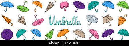 Colorful umbrella icons collection with multiple shapes and styles. Flat vector rain protection symbols for seasonal weather design Stock Vector
