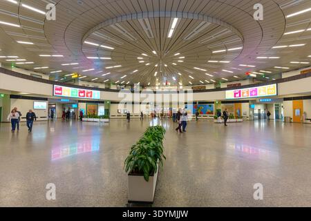 Vienna, Austria - February 25, 2026: Wide angle view of the circular rotunda inside the UN building in Vienna, showing the Sustainable Development Goa Stock Photo