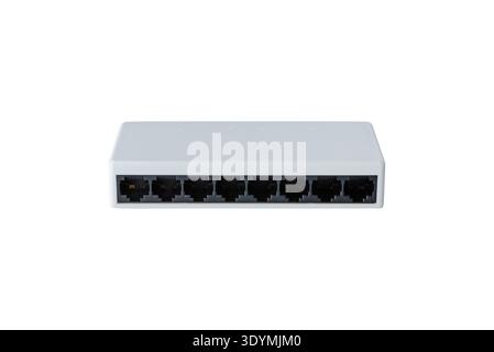 Eight port ethernet network switch isolated on white background used for wired internet networking, data distribution and local area network connectio Stock Photo