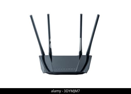 Modern wireless WiFi router with four antennas isolated on white background for home or office internet networking Stock Photo