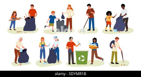 Character collection men, women, children collecting trash in bags and bins, concept of waste sorting and area cleaning. Stock Vector