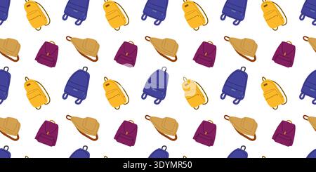 Hand drawn doodle style seamless repeating pattern featuring various backpack. Bright cheerful color, blue, purple, yellows. Stock Vector