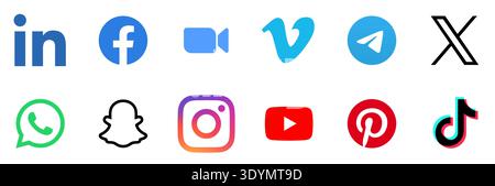 TikTok, Instagram, Youtube, Pinterest, LinkedIn, Facebook, Zoom, Vimeo, Telegram, X - former Twitter, WhatsApp and Snapchat social media app icon set. Vector illustration. Stock Vector