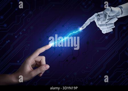 Artificial intelligence neural network, machine learning. Connection between human and robot hands in cyberspace against circuit board pattern Stock Photo