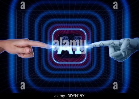 Artificial intelligence neural network, machine learning. Connection between human and robot hands in cyberspace against AI chip Stock Photo