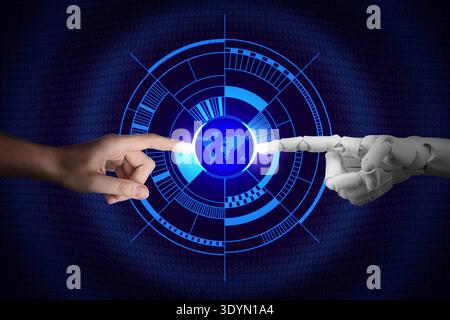 Artificial intelligence neural network, machine learning. Human and robot hands touching globe in cyberspace Stock Photo