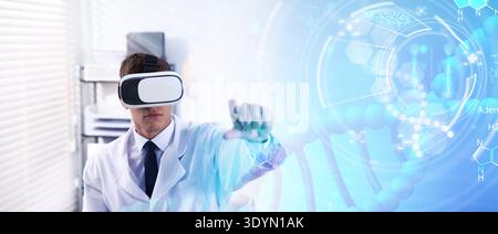 Scientist using VR headset, double exposure with virtual elements. Future technology in biochemistry Stock Photo