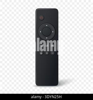 Vector 3d Realistic Black TV Remote Control, Isolated. Smart Remote Controller Device. Television Remote Control Icon, Front View. Media Player Stock Vector