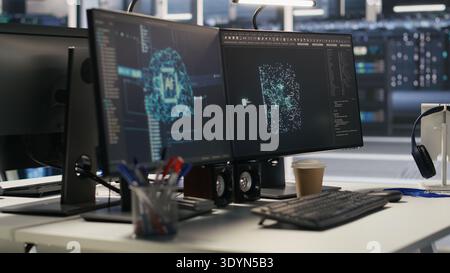 Monitors displaying status of data center hardware supporting AI training workflows and automated infrastructure systems. PC screens tracking servers processing machine learning datasets Stock Photo