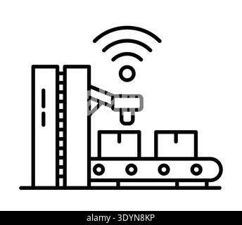 Illustration of a robotic arm operating on a conveyor belt within an industrial setting, showcasing automation technology and modern logistics process Stock Vector