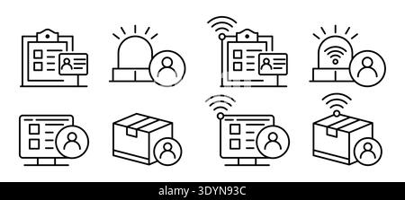 This collection features line art icons representing technology, alerts, and user interface elements. Ideal for projects focused on communication and Stock Vector