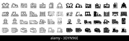 A diverse collection of construction and logistics icons featuring vehicles, machinery, and workers. Perfect for websites, presentations, or marketing Stock Vector