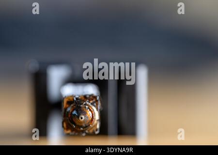 Selective focus on charred and plugged hot end extruder of a 3D filament printer  Stock Photo