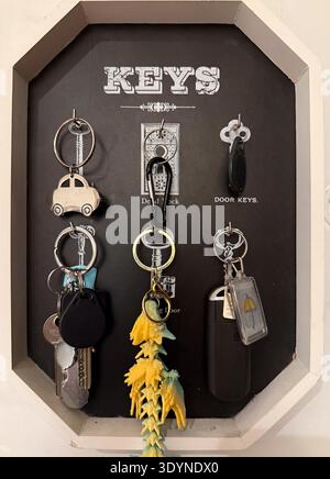 keys hanging on a key rack, organized home, concept of home, real estate, banner Stock Photo