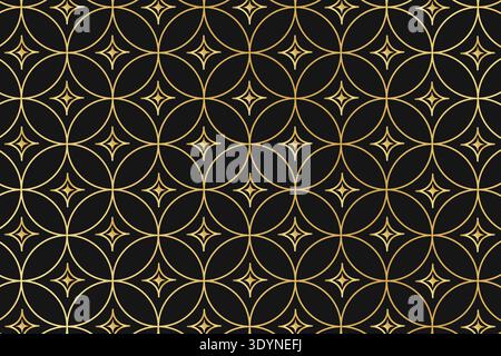 Art deco pattern with repeated overlapped golden circles and twinkle shapes on black background. Luxury geometric print. Elegant minimalistic wallpaper. Golden abstract ornament. Vector illustration. Stock Vector