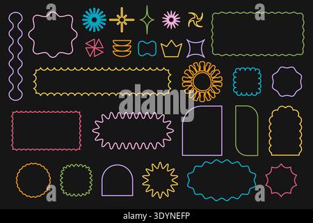 Set of colorful star and sun, arch and rectangle, square and circle forms with scalloped edges on black background. Simple cute shapes with wavy borders. Vector outline illustration. Stock Vector