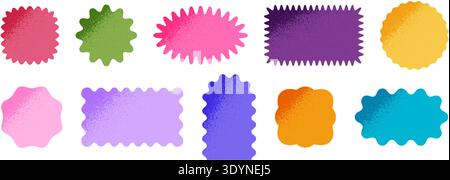 Colorful shapes with wavy edges and grunge shadow texture. Basic geometric forms with scalloped borders and grainy structure. Empty textboxes, stickers, tags or labels. Vector flat illustration. Stock Vector