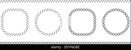 Set of borders and round frames with tilted and crossed stitches. Slashes and crosses embroidery ornaments isolated on white background. Sewing Stock Vector